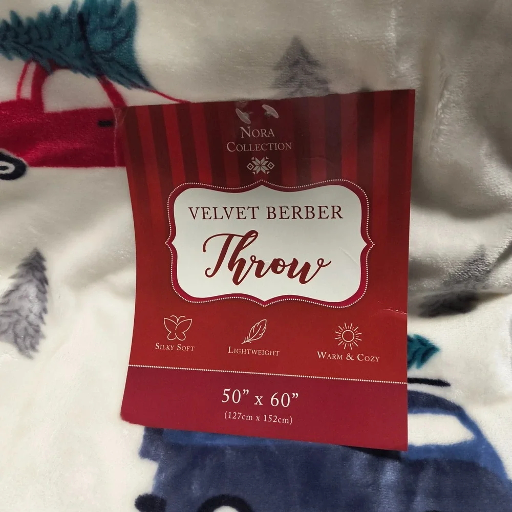 Velvet Berber Throw, White w/Multicolor Trucks‎ and Christmas Trees, SUPER SOFT